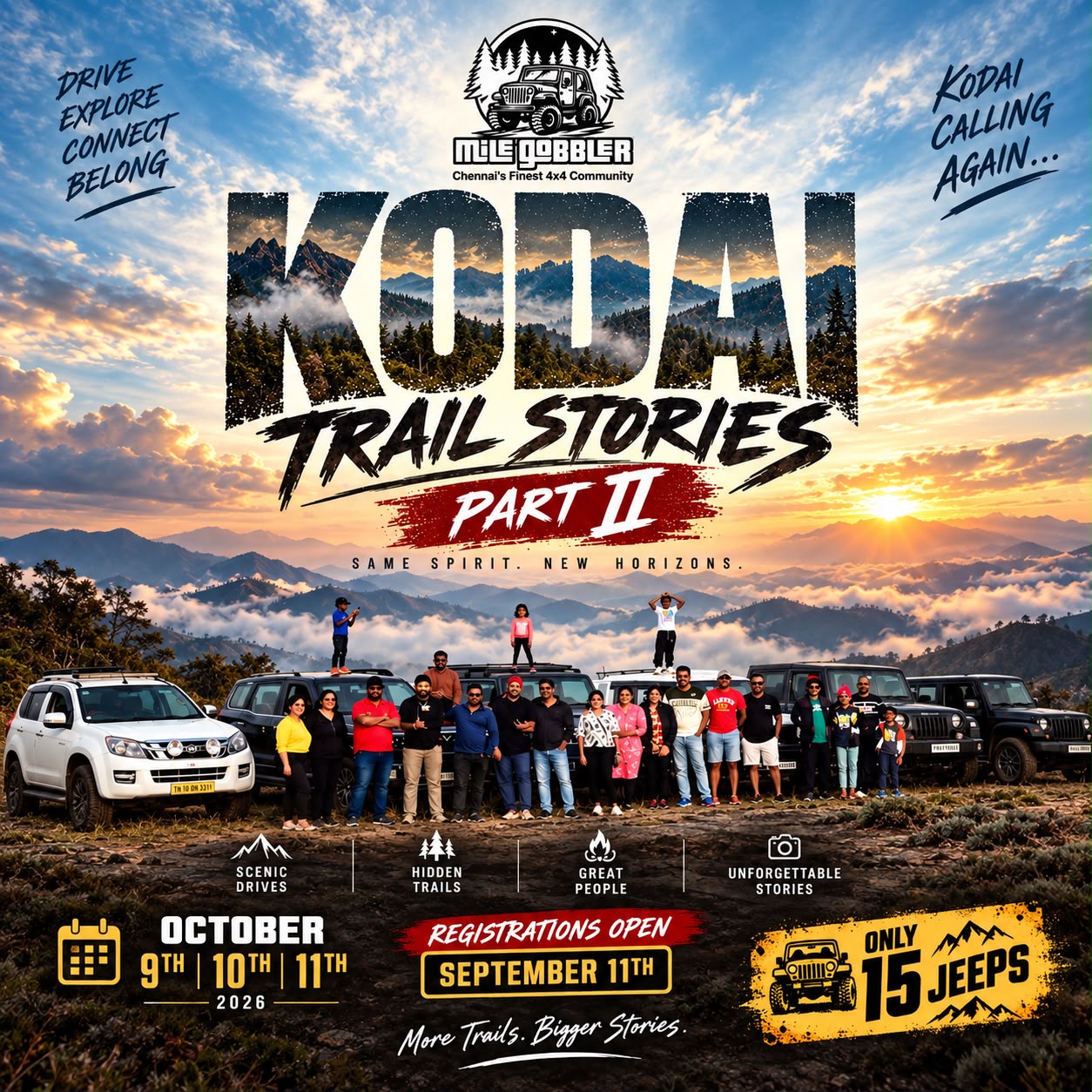 Kodai Trail Stories Part II — the club lined up with their vehicles at a hill viewpoint at sunrise. 9, 10 and 11 October 2026. Only 15 jeeps.
